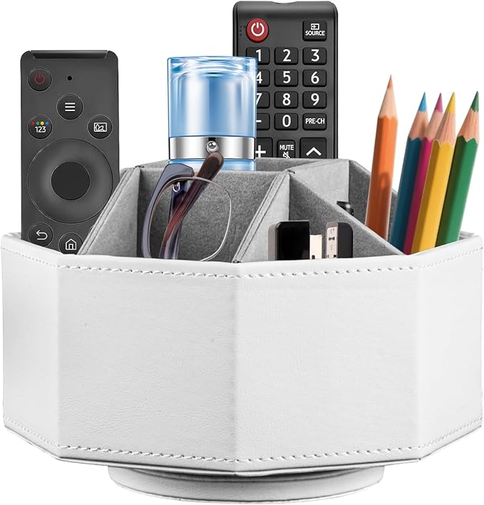 YAPISHI Swivel Remote Control Holder,9 Rooms Desk Organizer and Decorations for Living Room,Leather Bedside Storage Caddy for TV Controllers/Makeup Brush Pen/Office Stationery/Art Supplies/Eyeglasses