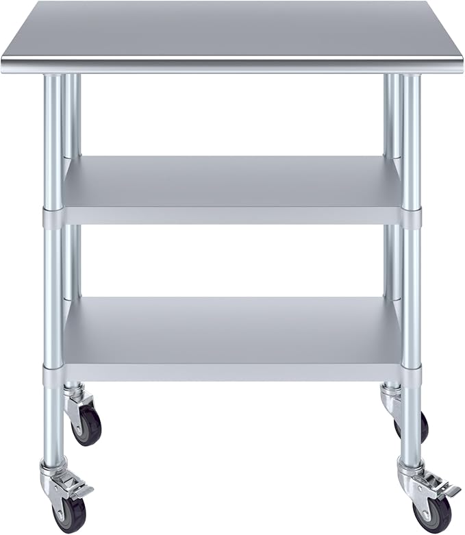 AmGood Stainless Steel Work Table with 2 Shelves and Casters | Metal Utility Table On Wheels (Stainless Steel Work Table with 2 Shelves + Casters, 36" Long x 18" Deep)