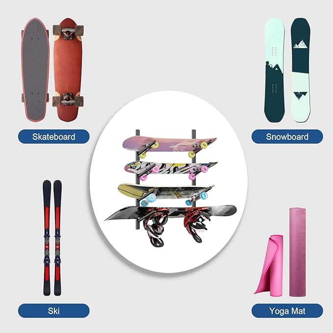 Skateboard Rack Wall Mount – Skateboard Wall Hanger, Snowboard Display Wall Mount, Ski Holder | 4-Floor Skateboard & Ski & Snowboard Storage Rack | Snowboard & Ski Lover Gifts