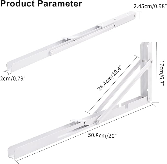 YUMORE White Folding Shelf Brackets, 20 Inch Heavy Duty L Bracket, DIY Collapsible Shelf Bracket for Workbench Folding Table Hinge, Max Load: 330lb, 2 Pack