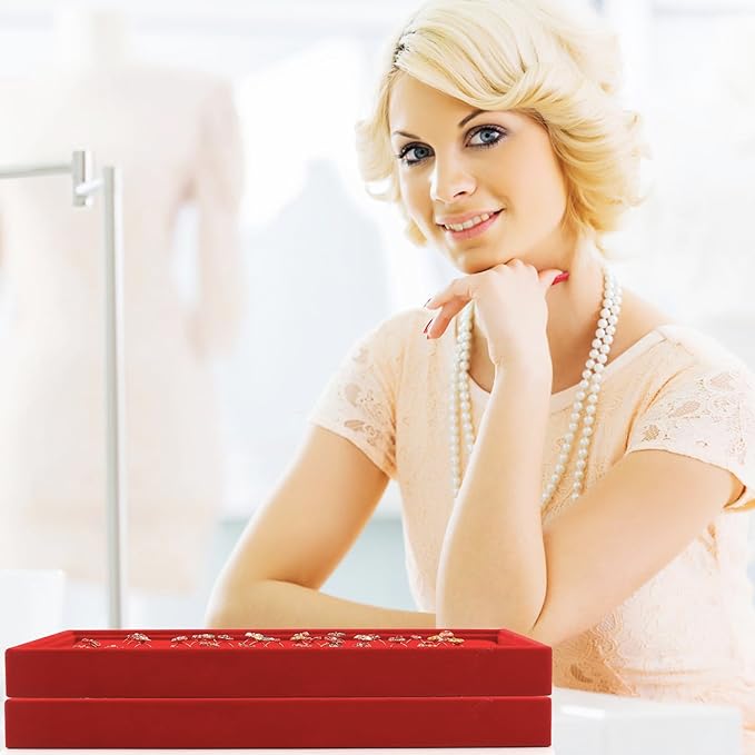 Lainrrew Jewelry Tray, 4 Pack Jewelry Organizer Velvet Jewelry Tray Stackable Jewelry Trays, Necklace & Earring Holder, Divided Bracelet & Ring Storage, 13.8"x9.5"x1.2" - Elegant Display Case (Red)