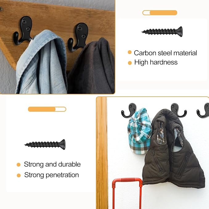 15 Pack Coat Hooks Wall Hooks for Hanging, Heavy Duty Double Prong Metal Hook Wall Mounted for Living Room, Bathroom, Kitchen, Bedroom for Coat, Bag, Scarf, Towel, Hat, Key, Cup (Black)