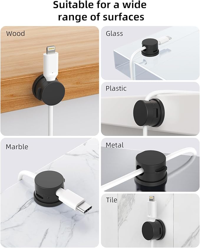 Cord Organizer, Rotatable Cable Organizer 8 Pack, No-Residue Adhesive Spring Cable Clips, Cord Holder for Nightstand, Kitchen, Office Accessories and Car (Black)