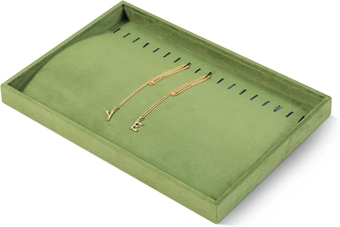 Velvet Jewelry Display Tray For Bracelet Pendant Necklace, Multi-Slot Stackable Storage Tray For Long Chain Jewelries, Drawer Insert Jewelry Organizer (Olive Green)