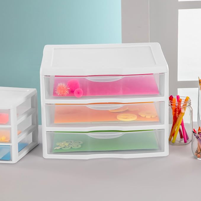 Sterilite 6-Pack Wide 3 Drawer Unit, Plastic Desktop Organizer with Clear Drawers, White Frame - Stackable Multi-Purpose Storage for Office Supplies, Craft Rooms, Classrooms and Home Organization