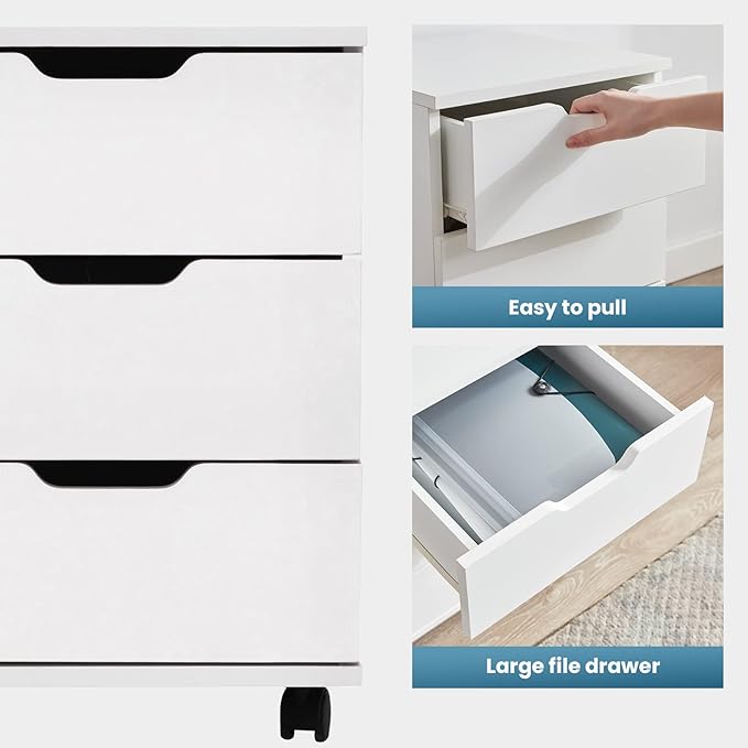 Farini Mobile File Cabinet for Home Office, 3 Drawer Chest Wood, Drawers Unit for Under Desk, Storage Drawers Cabinet White