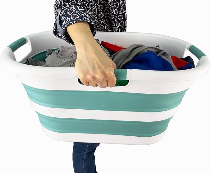 SAMMART 40L (10.5 gallon) Collapsible Plastic Laundry Basket - Space Saving Storage Container/Organizer - Portable Washing Tub - Foldable Pop Up Hamper/Basket (1, White/Celadon Green)