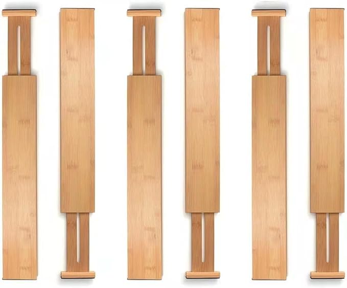 6 Pack Bamboo Kitchen Drawer Dividers, Expandable Drawer Separators Splitter, Utensil Drawer Organizer, Adjustable Organizer for Large Utensil, Clothes, Tools Drawers