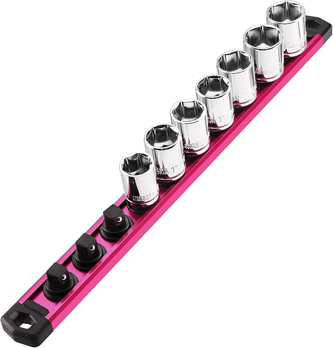 WORKPRO Magnetic Socket Organizer, 3/8-Inch Drive Aluminum Alloy Socket Rail, Heavy Duty Socket Holder, Socket Rack Kit 3/8-Inch x 10 Clips Rose Red (Socket not Included)