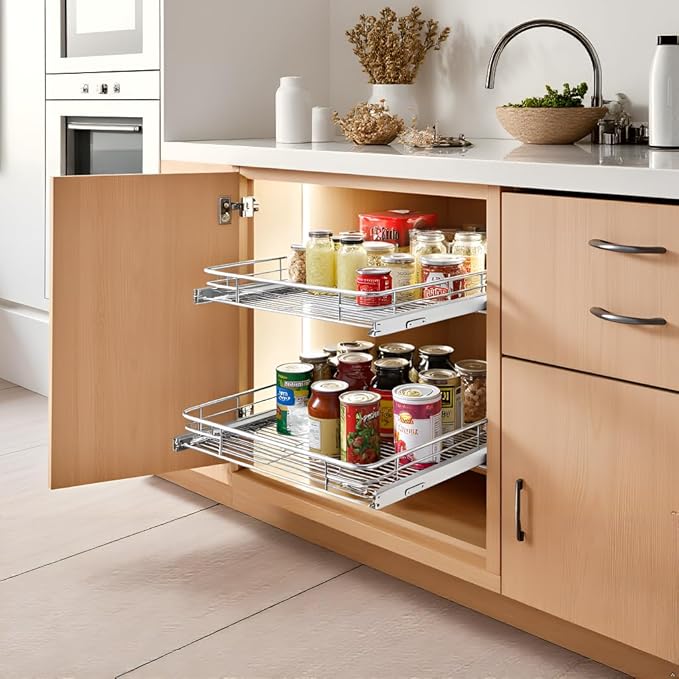 Pull Out Cabinet Organizer (20" W x 21" D), Put Out Shelves for Kitchen Cabinets, Roll Out Drawers Heavy-Duty Metal Sliding Shelf, Bottom Mount