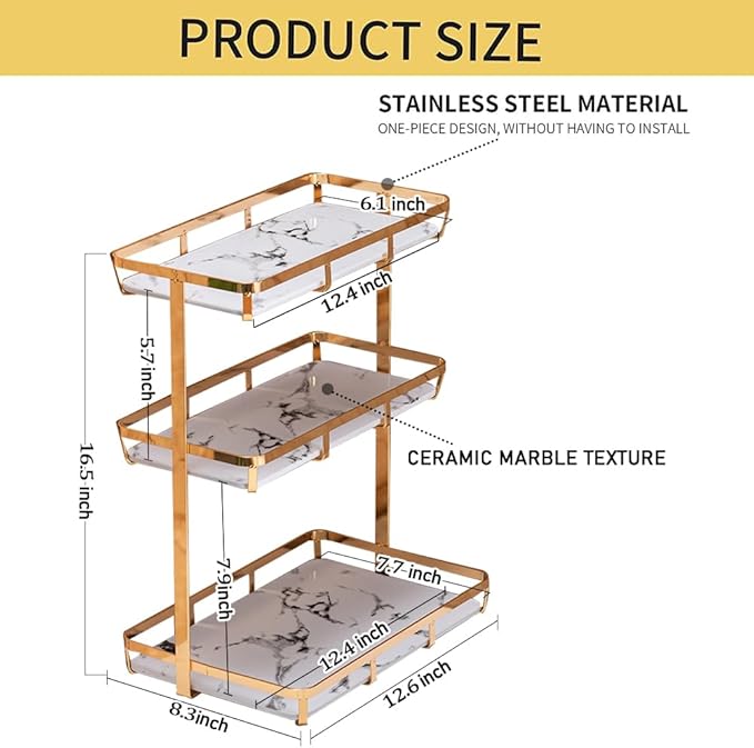 Bathroom Organizer Countertop Perfume Organizer Makeup Cosmetics Storage Display Rack 3 Tier Vanity Tray Dresser Stainless Steel Gold Shelf White Marble Ceramic Tray (Gold, L)