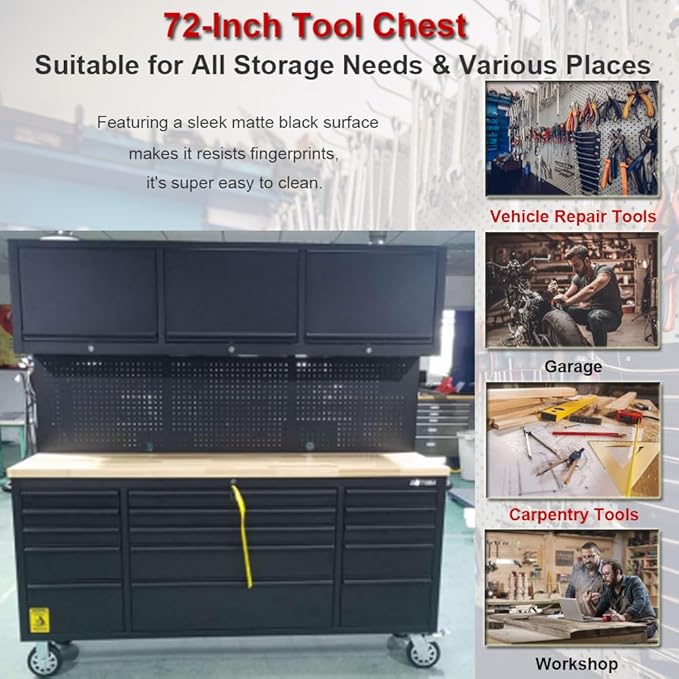 2 Pack - 72" Rolling Tool Chest with 15 Drawers + 3 Upper Cabinets, Matte Black Lockable Mobile Workbench, Assembled Large Tool Box with Wheels for Garage Workshop (2 × HTC7218PC)