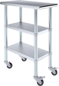 AmGood Stainless Steel Work Table with 2 Shelves and Casters | Metal Utility Table On Wheels (Stainless Steel Work Table with 2 Shelves + Casters, 15" Long x 30" Deep)