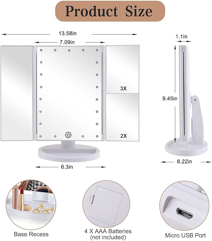 Tri-fold Lighted Vanity Makeup Mirror with 3x/2x Magnification,21 LEDs Light and Touch Screen,180 Degree Free Rotation Countertop Cosmetic Mirror,Travel (White)