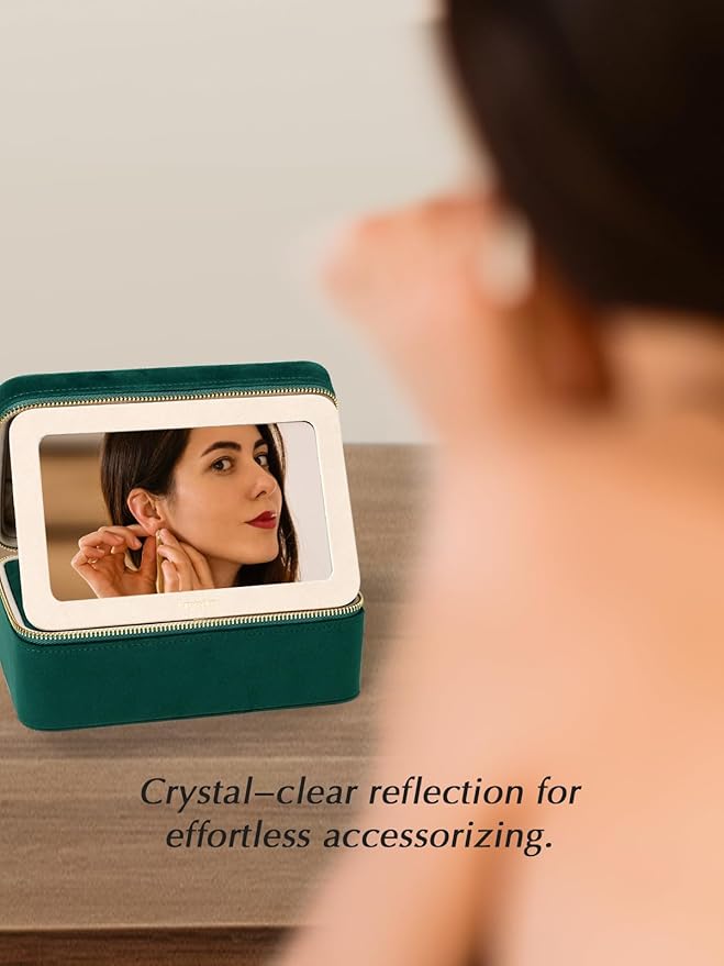Velvet Travel Jewelry Box with Large Mirror, Double-Layer Jewelry Organizer Case for Women and Girls, Portable Storage Case with 6 Anti-Tarnish Bags Gift Ready for Her (Emerald Green)