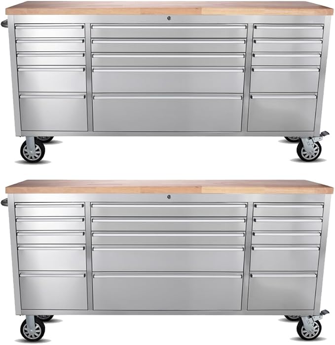 2 Pack - 72" Stainless Steel Rolling Tool Chest with 15 Drawers, Lockable Storage Cabinet, Mobile Workbench, Assembled Large Tool Box with Wheels for Garage Workshop (2 × HTC7215W1)