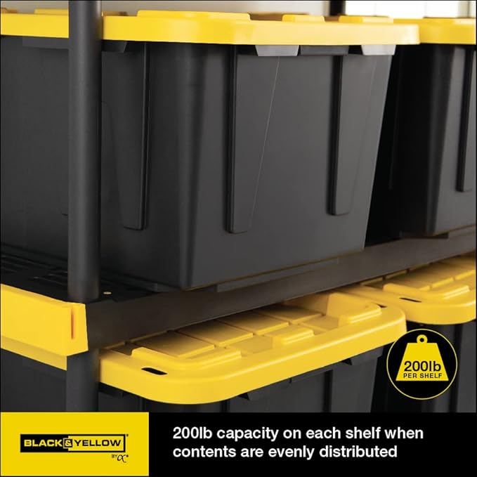 CX Black & Yellow, Shelving Unit and Heavy Duty Storage Containers, Extremely Durable (Shelf + 27 Gallon Container (4-Pack))