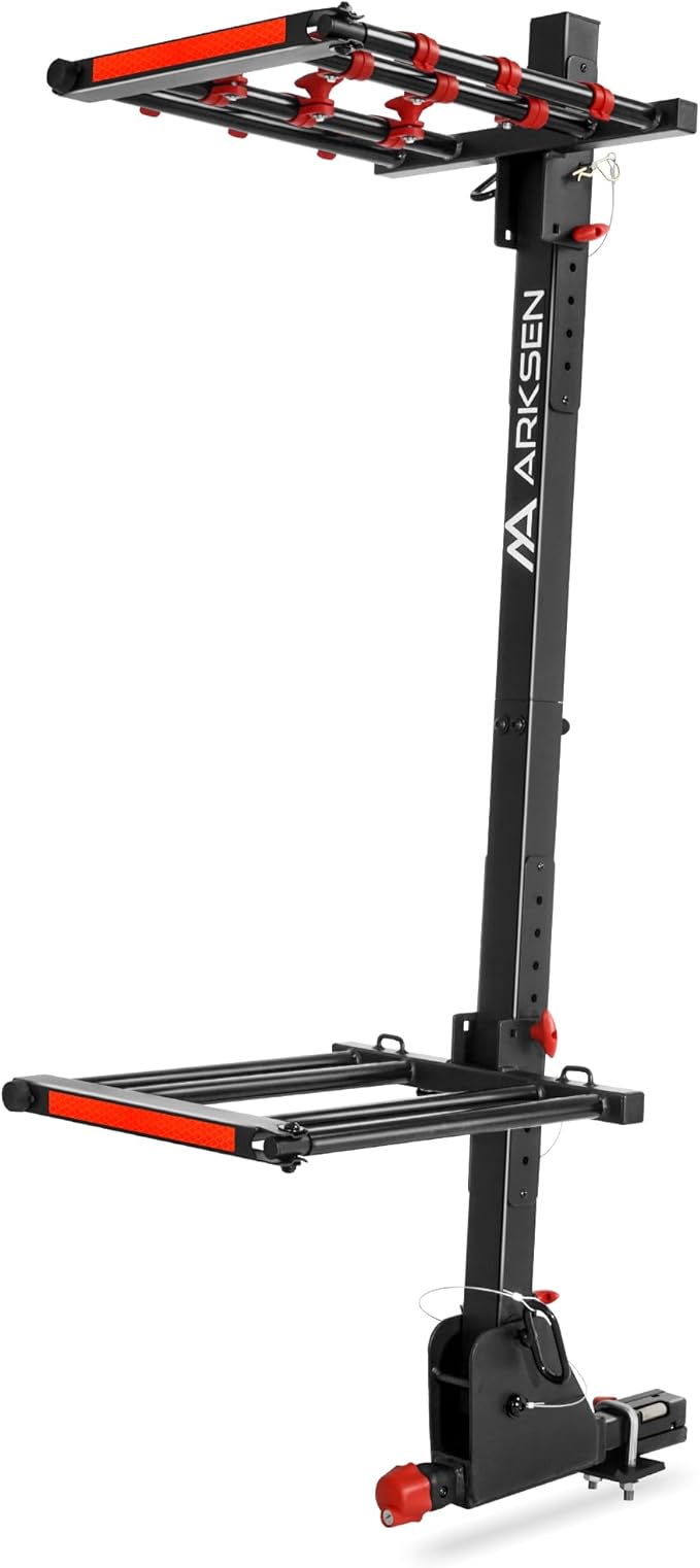 Arksen Folding Hitch-Mounted Ski/Snowboard Rack, Snowboard Mount Carries 6 Pair Skis or 4 Snowboards Fits 2" or 1.25" Receivers, Trailer Hitch Ski Rack with Key Lock, Security Strap, Tilt Access