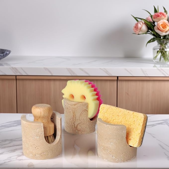Luxury Travertine Sponge Holder – Fast-Drying, Rust-Proof Kitchen Sink Caddy, Non-Slip Base, Compact Stone Sponge Caddy for Kitchen Sink Counter, Perfect Gift for Modern & Farmhouse Homes, Beige