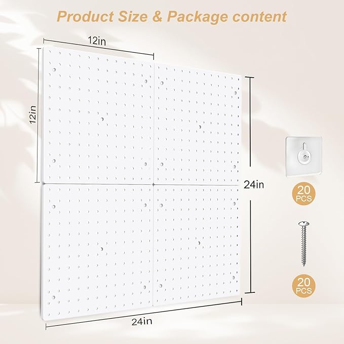 Peg Board,4 Pack Plastic Pegboard, Pegboard Wall Organizer,White Pegboard,ABS Pegboard,No Drilling Required,24x24inch,Suitable for Craft Room Office Garage Kitchen
