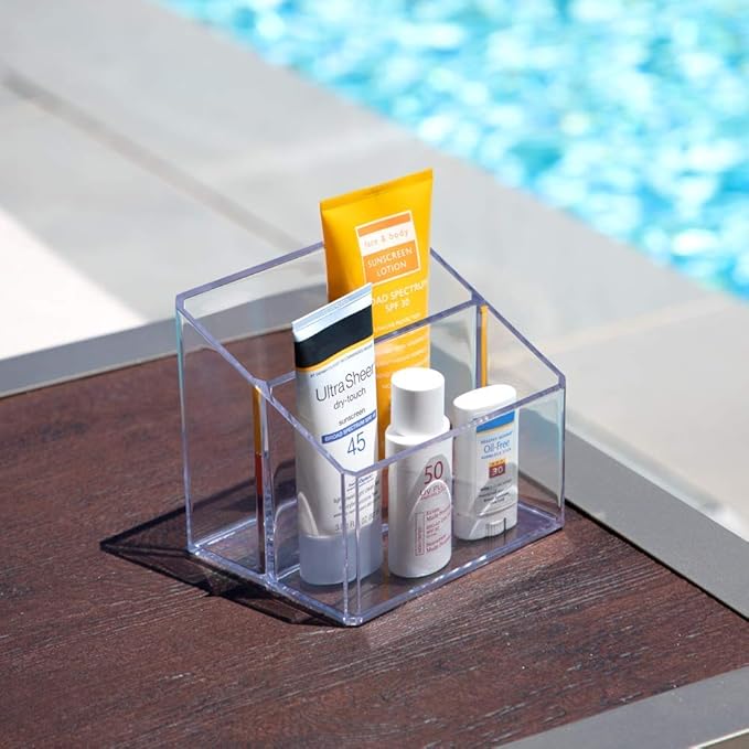 Isaac Jacobs Clear Acrylic 2-Section Organizer, Remote Holder & Multi-Functional Makeup, Brush, Pen & Pencil Storage Solution, for The Home, Bathroom, Office, Child’s Desk (2-Section, Clear)
