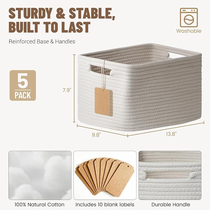 5 Pack White Woven Storage Baskets for Shelves, Decorative Basket Organizer Storage Bins for Toys, Books, Clothes, Closet, Nursery, Bathroom – Cotton Rope Shelf Baskets for Organizing and Decor