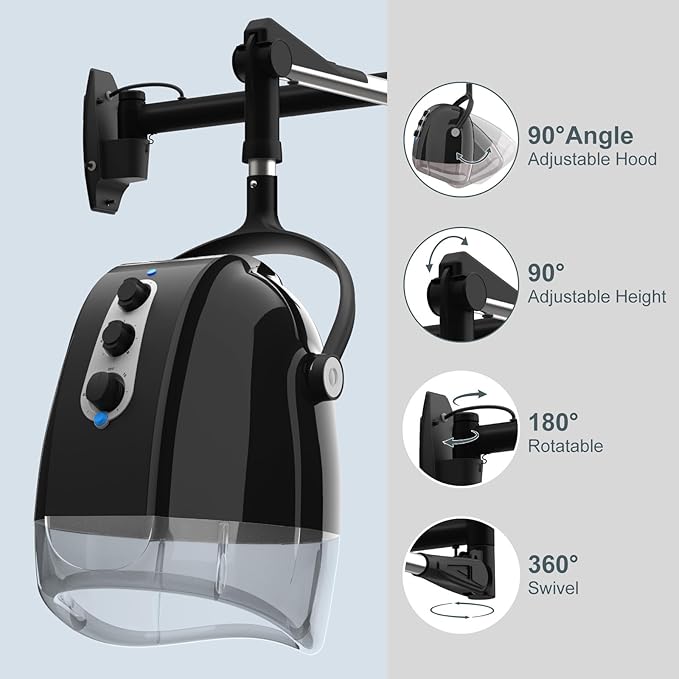 SyyBhb Wall Mount Hooded Salon Hair Dryer, Professional Ionic Hair Color Processor, Temperature & Drying Adjustable, 60-Minute Timing, 52" Extendable Arm, 25lbs Installed on Load Bearing Wall