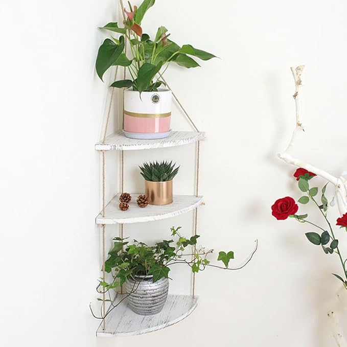 BESPORTBLE Nordic Style Fan-Shaped Wall Corner Rack with Detachable Wooden Shelves and Rope Design Space-Saving Floating Storage Shelf for Plants Crafts Photos in Bedroom Living Office