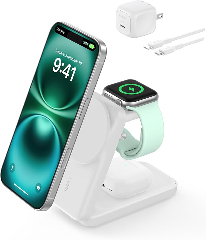 Belkin MagSafe Charger Compatible, 3-in-1 Charging Station, Qi2.2 25W Magnetic Wireless Charger Dock, Foldable Charging Stand for iPhone 17/16/15, Apple Watch, AirPods, Pixel 10 (45W Adapter Included)