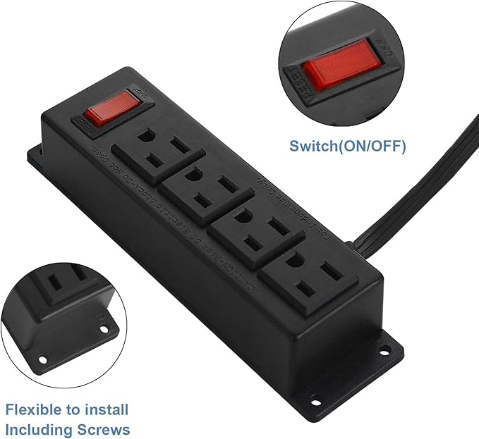 Wall Mount Power Outlet Strip, 4 Outlet Mountable Power Strip with Switch, Under Desk Power Strip Connect with 10ft Cord Mount Under Desk, Workbench, Nightstand, Dresser, Table.(Black)
