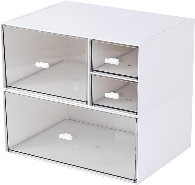 Desk Organizer with 4 Drawers, Makeup Organizer, Desktop Storage Box, Cosmetics Storage Box for nail polish, Lipstick, Brushes, Jewelry, Skincare, Bathroom Organization Boxes(White)