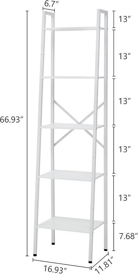 Hoctieon 5-Tier Industrial Ladder Bookshelf, Narrow Ladder Shelf, Tall Standing Bookshelf, Skinny Open Ladder Shelf, for Living Room, Home Office, Kitchen, Bedroom, Metal Frame, White