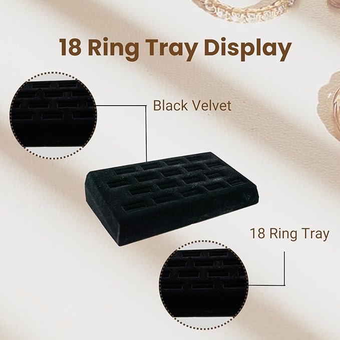 Novel Box 18-Slot Black Velvet Rings/Earrings/Cufflinks Holder Tray 8.25x4.5x1.75 Inches - Ring Holder Organizer for Selling or Personal Use - Jewelry Display Trays for Special Occasions