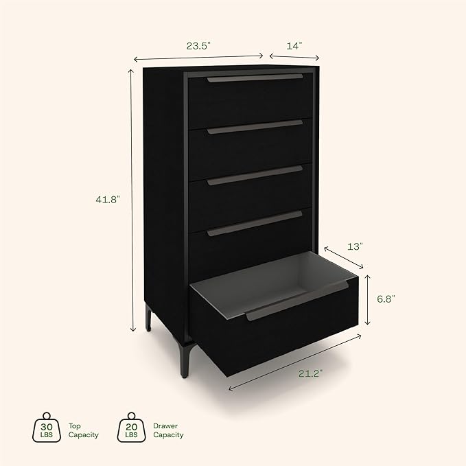 tinge Naima Premium Fabric Dresser - Strong Metal Frame, 5 Spacious Sag-Proof Drawers with Sleek Metal Handles - Premium & Durable Storage Solution for Your Home (Black)