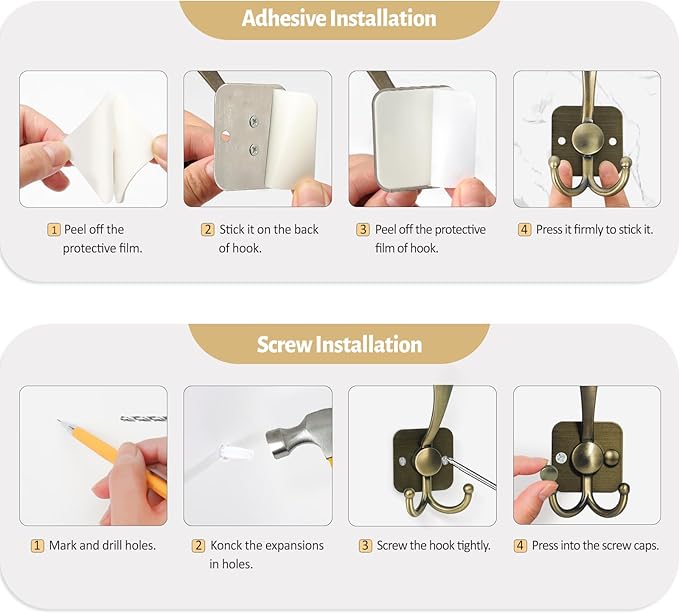 VIS'V 3 Prong Coat Hooks Wall Mount, Metal Self Adhesive Entryway Wall Hooks, 2 Mount Options, Bronze, 4 Pcs