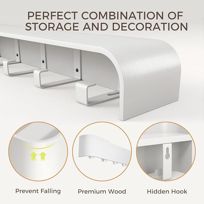 Wall Coat Rack Floating Shelves Modern Coat Rack Wall Mount with Storage Entryway Shelf Wooden Hanger 20 Inch 4 Hidden Metal Hooks for Living Room Bedroom (White, 8 Hooks)