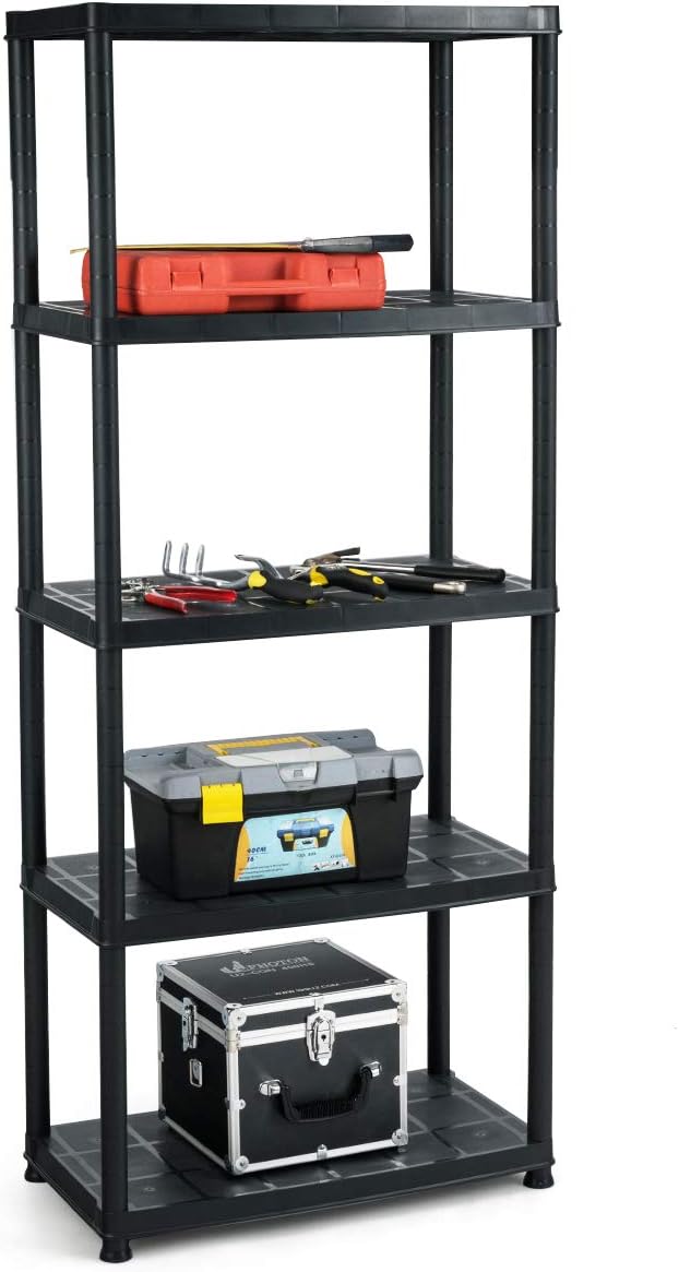 IRONMAX 5-Tier Plastic Storage Shelves, Multi-Purpose Display Shelf Rack, Light Duty Storage Shelving Unit for Laundry Pantry Closet, Black (2, 28“L X 15”W X 67“H)