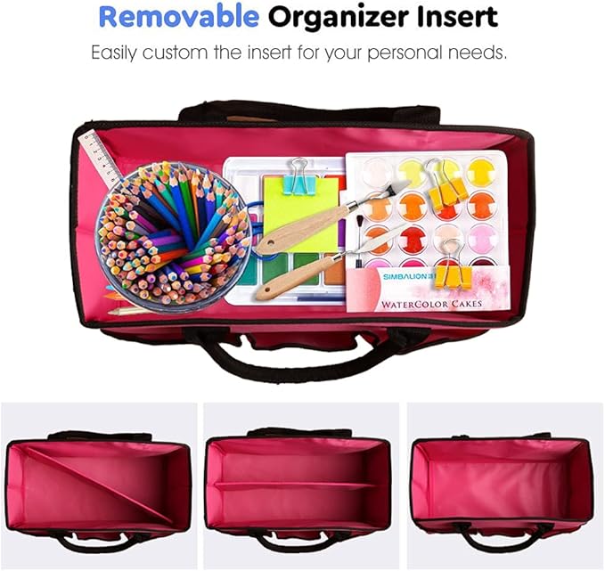 ZKOO Desktop Tote and Stock Organize, Multiple Pockets Teacher Helper Tote Bag Organization for Arts, Books, Stationery and Office Desk Organize, Make-up Case with Handles Craft Organizer (Pink)
