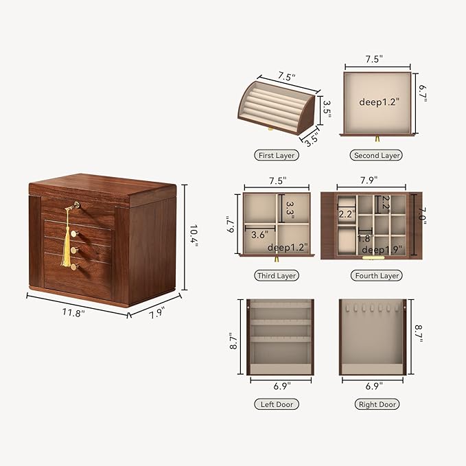 Black Walnut Wooden Jewelry Box, Wood Jewelry Organizer with 2 Side Doors Mirror Lockable Classical for Watch Necklace Ring Earring Storage Christmas Gifts-4 Layer with Curved Ring Grooves