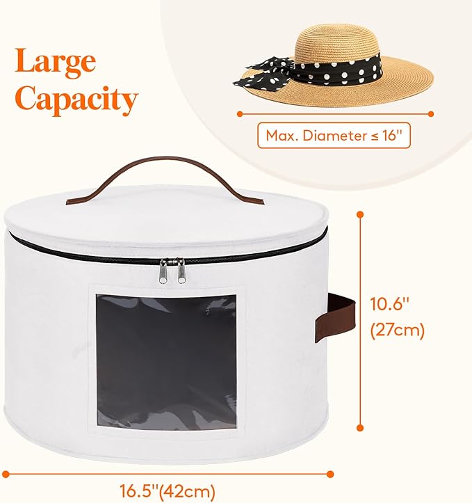 Lifewit Round Cowboy Hat Box for 7 Caps, Large Felt Hat Organizer Bag for Men & Women Storage, Baseball Cap Container with Dustproof Lid for Travel, Foldable 16.5" D x 10.6" H Carrier, White