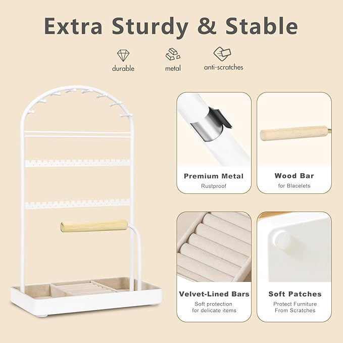 Multi-Functional Jewelry Holder Organizer Necklace Display Stand Velvet Lined Bar for Rings 2 Tier with 18 Hooks, 32 Earring Holes - Sturdy and Durable, Easy Organization White