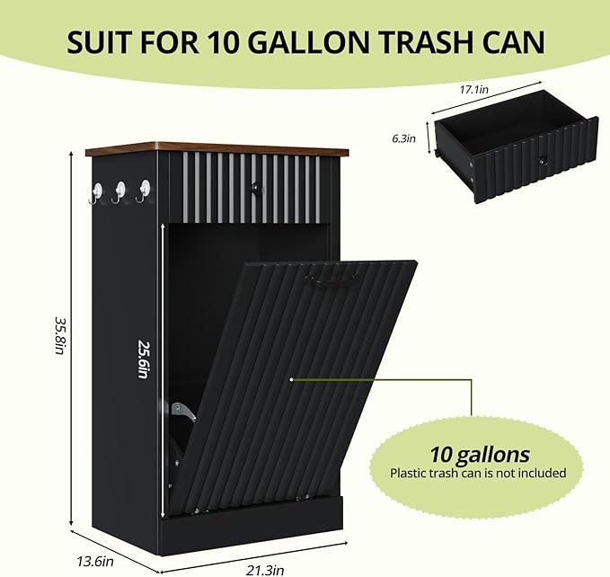 Tilt Out Trash Can Cabinet, 10 Gallon Fluted Laundry Hamper Cabinet with Drawers, Freestanding Wooden Hidden Garbage Can Cabinets for Kitchen, Living Room, Without Trash Bin or Laundry Hamper, Black