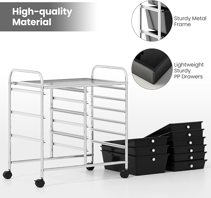 Giantex 9 Drawers Rolling Cart, Classroom Organizers, Storage Cart with Wheels, for Teacher Office Home School Supplies Tool Craft Art Paper, Black