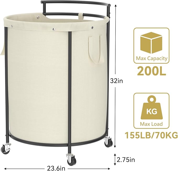 Chrislley 200L Laundry Basket with Wheels,2 section Rolling Laundry Hamper with Removable Bag,Round Laundry Cart with Steel Frame and Handle,Large Dirty Clothes Hamper for Laundry Room,Bedroom(Beige)