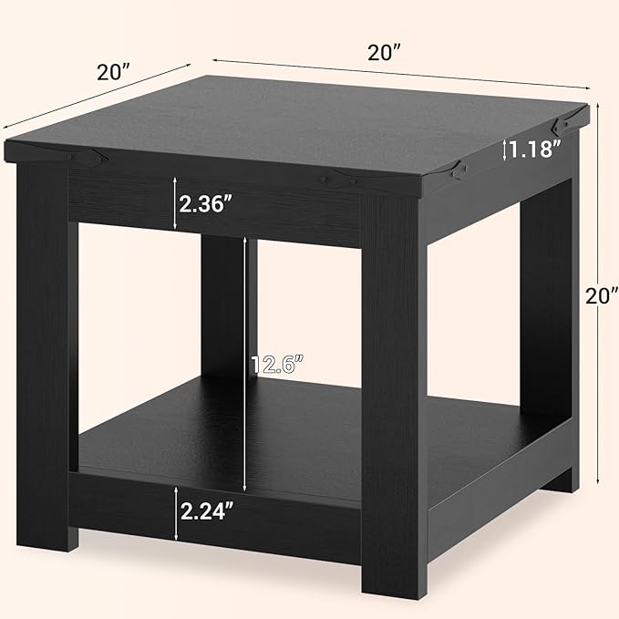 Homieasy End Table, 20 Inch Square End Table, Farmhouse Wood Side Table with Storage Shelf, Industrial Accent Bedside Table for Living Room, Bedroom, Black