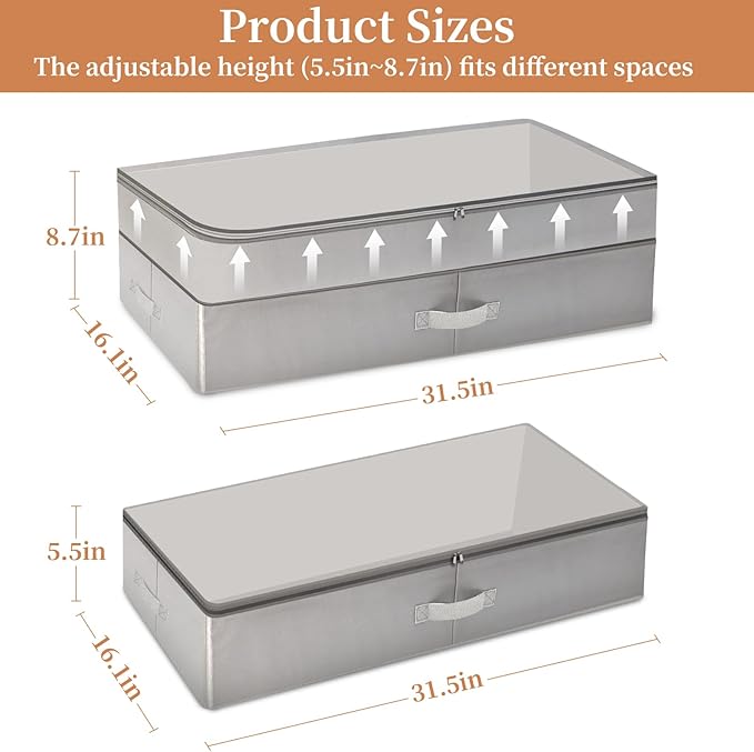 2 Pack 80L Under Bed Storage, Adjustable Height Large Storage Bins With Lids Handles Label Holder, Underbed Storage Containers for Blanket Clothes Shoes Bedroom Closet, Grey