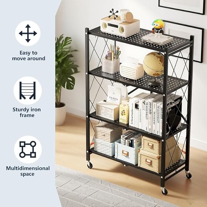 Four-Layer Foldable Storage Metal Shelf with Locking Wheels,Easy Assembly and Move Space-Saving Shelves Organizer Suitable for Kitchen, Pantry and Closet-28.54" L x 14.17" W x 46.06" H