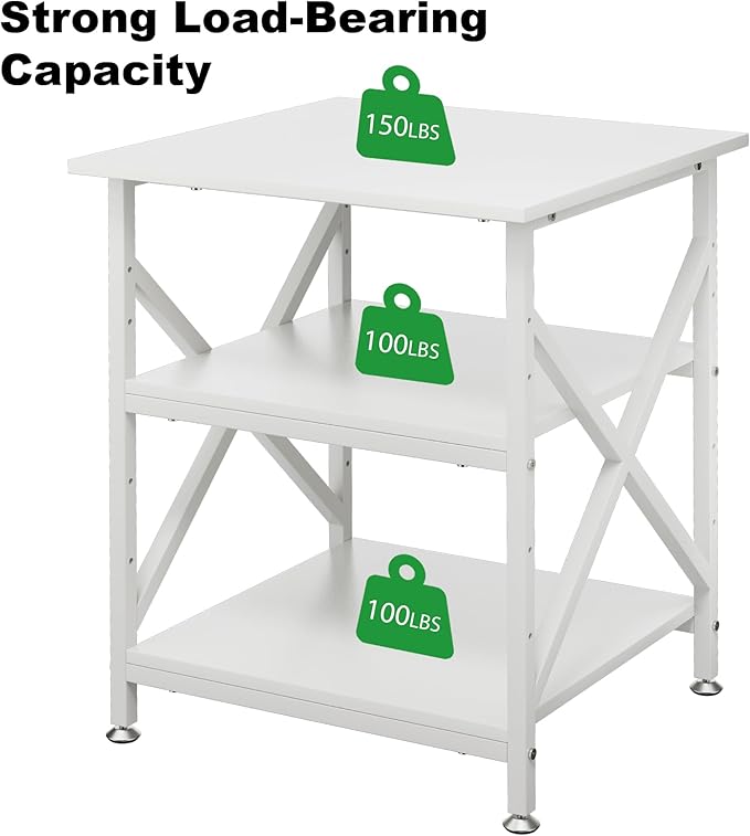 Ollieroo 3 Tier Printer Stand, Large Table with Wheels, Rolling Cart with Height Adjustable Middle Storage Shelf, 23.6 x 23.6 x 30.3 Inches Shelf for Home Office, White