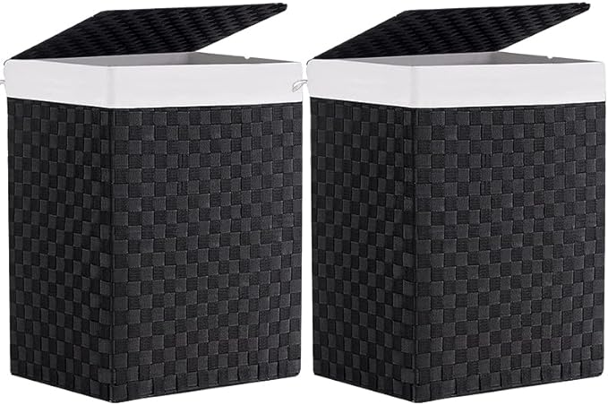 Foldable Laundry Hamper Basket with Lid by Fiona's magic, Handwoven 96L Large Clothes Hamper with Removable Liner Bags, Collapsible Tall Hamper for Bedroom, Bathroom and Dorm Organizer, 2Pack, Black