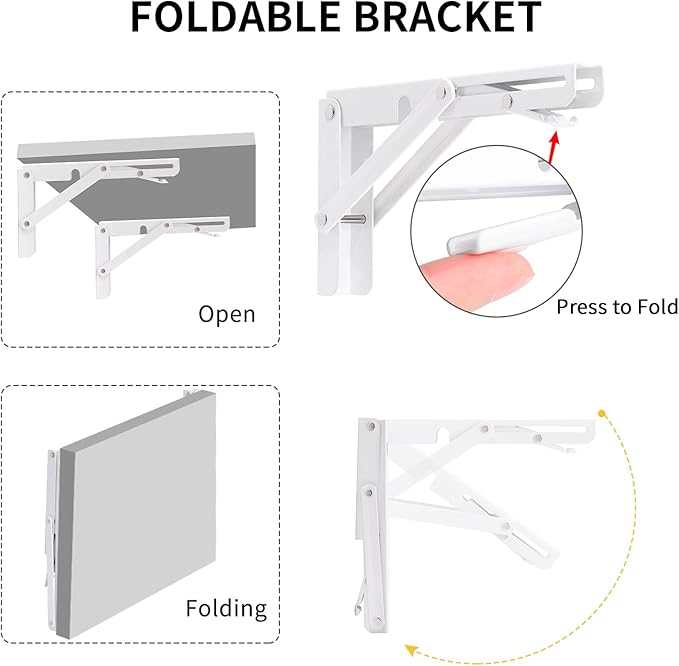 YUMORE Folding Shelf Brackets, 8 Inch Heavy Duty Collapsible Shelf Bracket, DIY L Bracket for Workbench Folding Table Hinge, Max Load: 300lb, White, 2 Pack